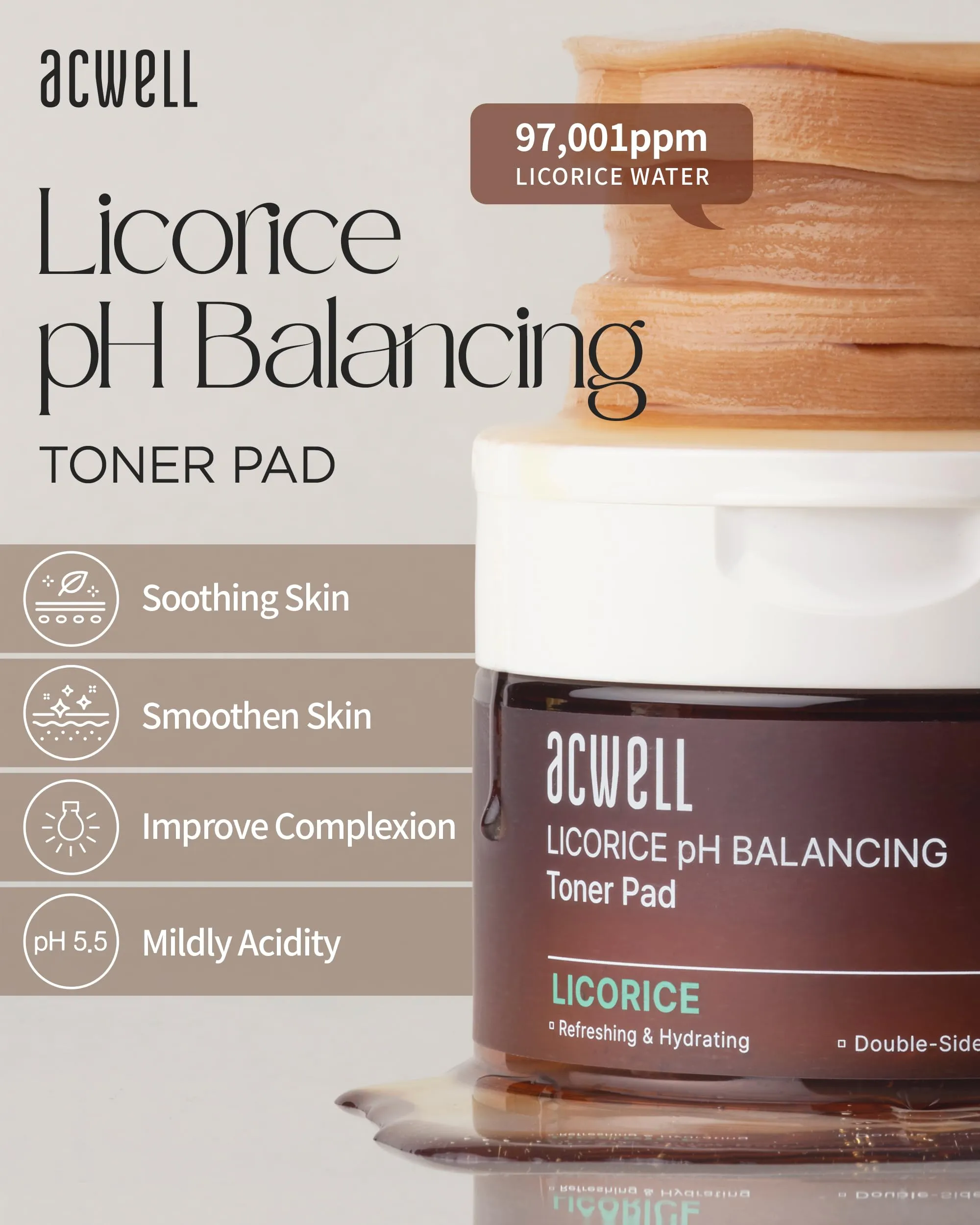 ACWELL Licorice pH Balancing Toner Pad - Vegan Cotton Pad, Double-sided Toner Pads for Blemish and Soothing Care - Korean Daily Skincare - Improves Uneven Skin Tone, 70pads