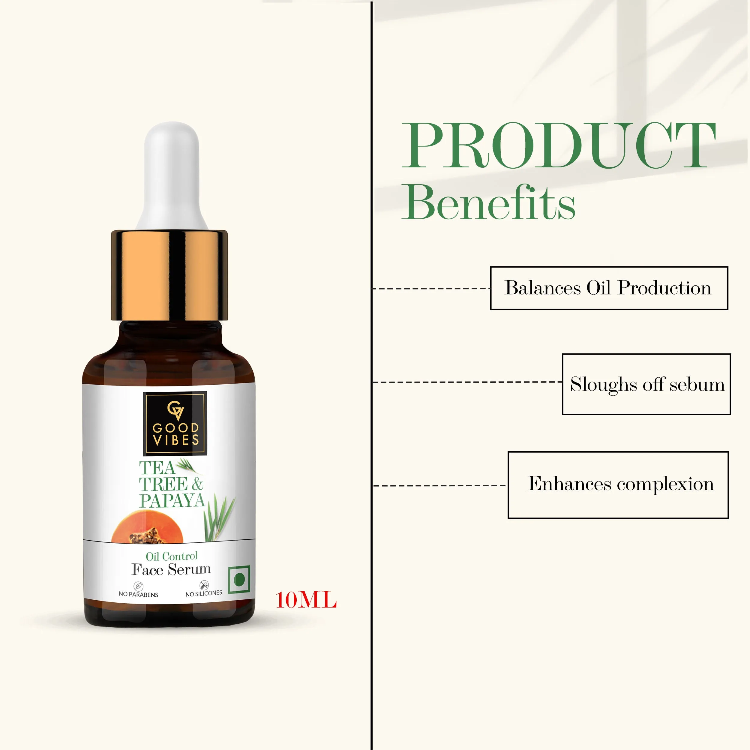 Good Vibes Tea Tree & Papaya Oil Control Face Serum | Even Skin Tone, Brightening | With Castor Oil | No Parabens, No Sulphates, No Mineral Oil (10 ml)