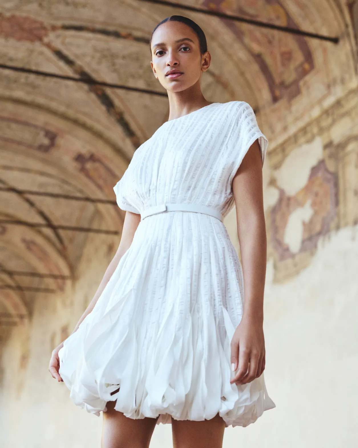 Short Flared Silk Dress with Ribbon Loops Skirt